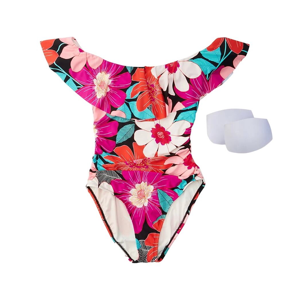 $135 La Blanca *In Full Bloom* Off/On Shoulder Ruffle One-Piece Swimsuit | Sz 6 - Picture 2 of 9